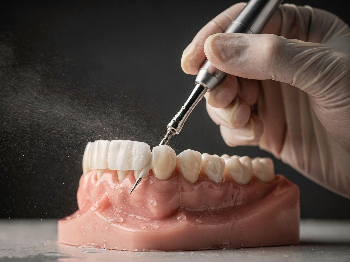 Limpieza con ultrasonido sobre un modelo dental